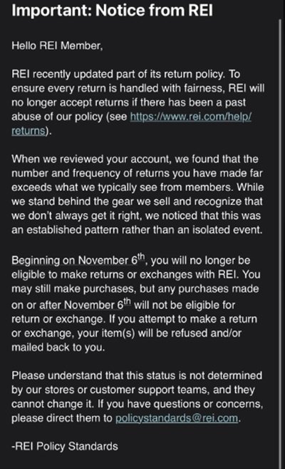 REI Returns Crackdown email