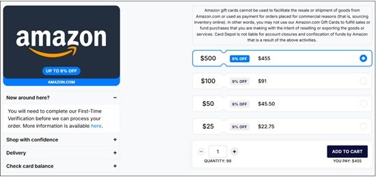 Card Depot sells discounted Amazon gift cards