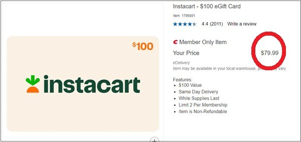 Costco discount on Instacart gift card